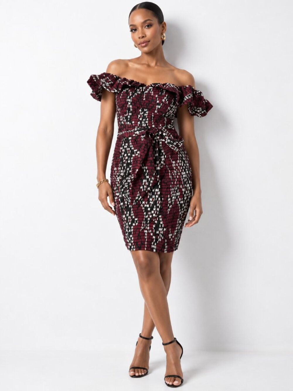 WHBM Arid Snake Black Off Shoulder Poplin Mini Dress Belt Size 2 NWT